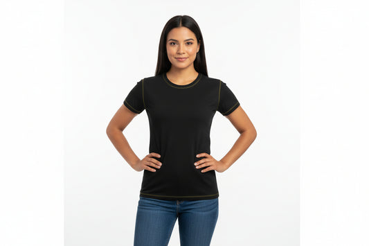 NRG Clothing for Women: Black T-Shirt with Yellow Stitch