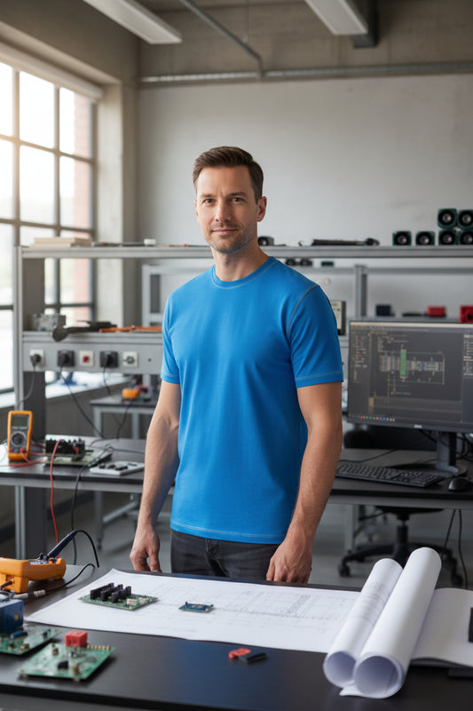 NRG Clothing for Men: Blue T-Shirt with Yellow Stitch