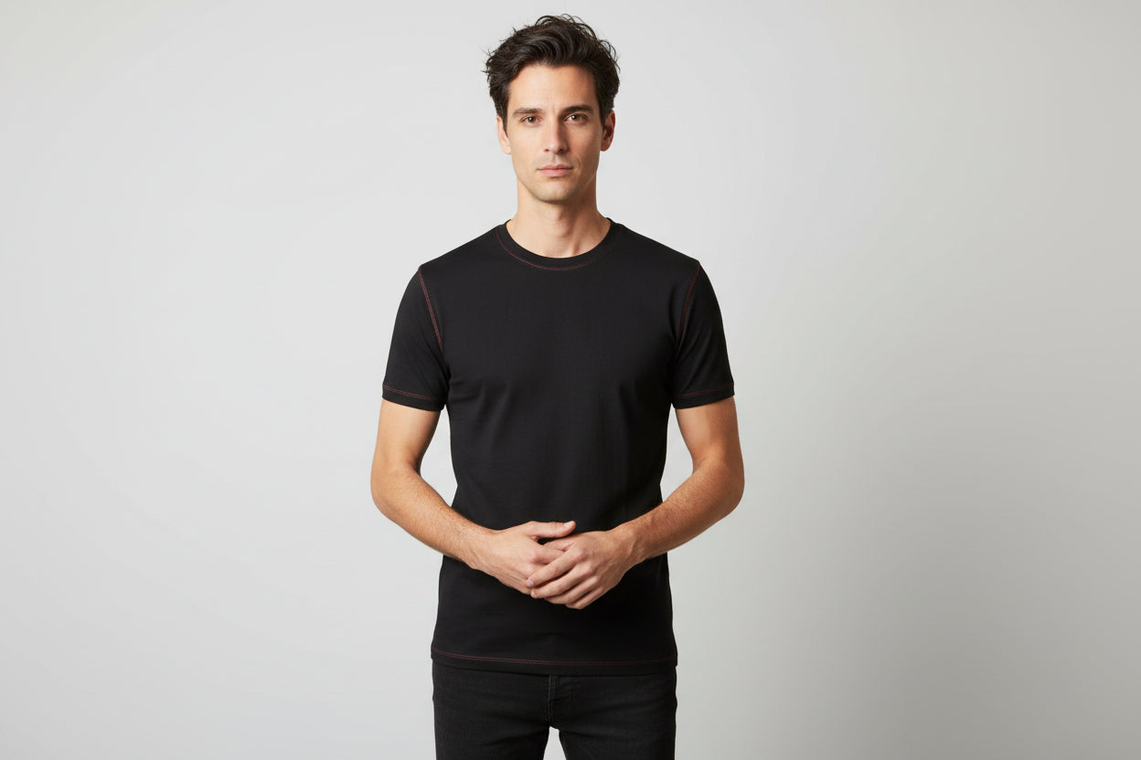 NRG Clothing for Men: Black T-Shirt with Red Stitch