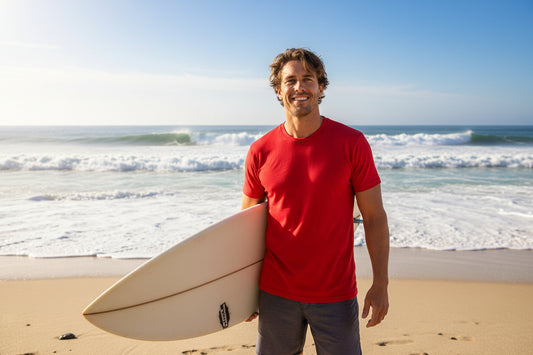 NRG Clothing for Men: Red T-Shirt with Blue Stitch