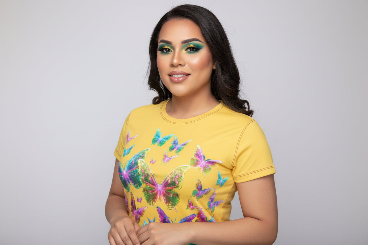 NRG Yellow Butterfly Explosion 2: Womens T-Shirt with Red Stitch