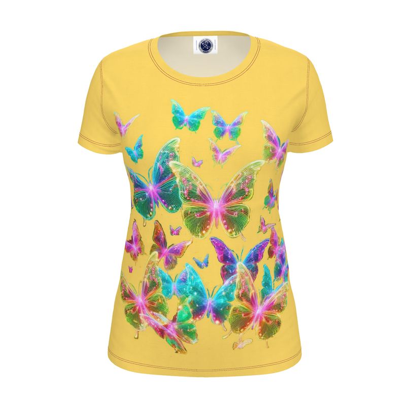 NRG Yellow Butterfly Explosion 2: Womens T-Shirt with Red Stitch