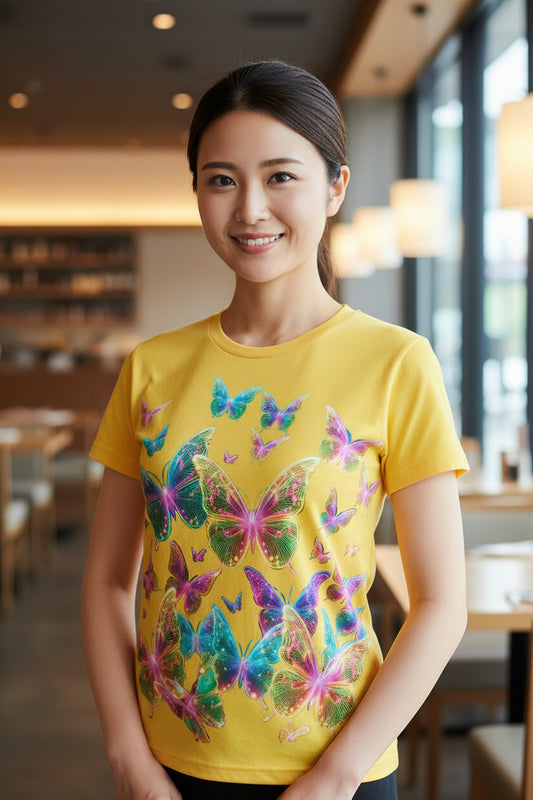 NRG Yellow Butterfly Explosion 2: Womens T-Shirt with Plain Stitch