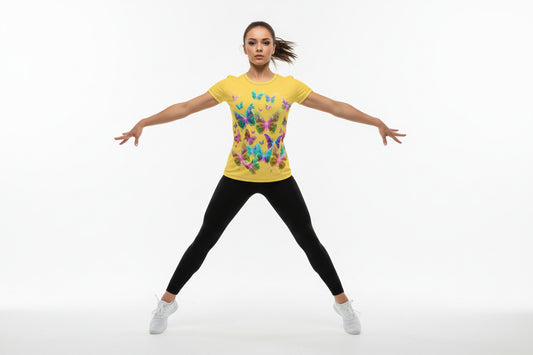 NRG Yellow Butterfly Explosion 2: Womens T-Shirt with Blue Stitch