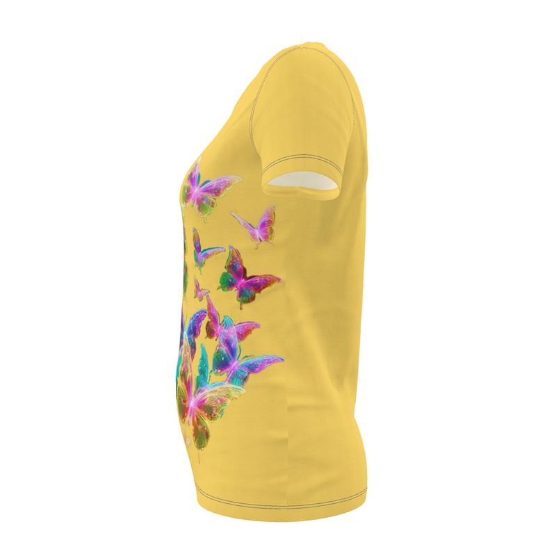 NRG Yellow Butterfly Explosion 2: Womens T-Shirt with Blue Stitch