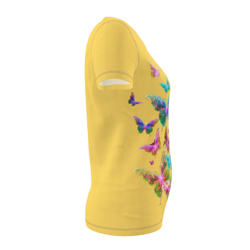 NRG Yellow Butterfly Explosion 2: Womens T-Shirt with Blue Stitch