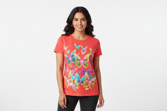 NRG Red Butterfly Explosion 2: Womens T-Shirt with White Stitch
