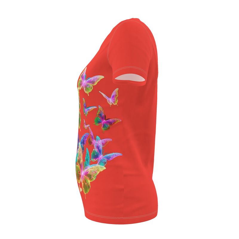 NRG Red Butterfly Explosion 2: Womens T-Shirt with White Stitch