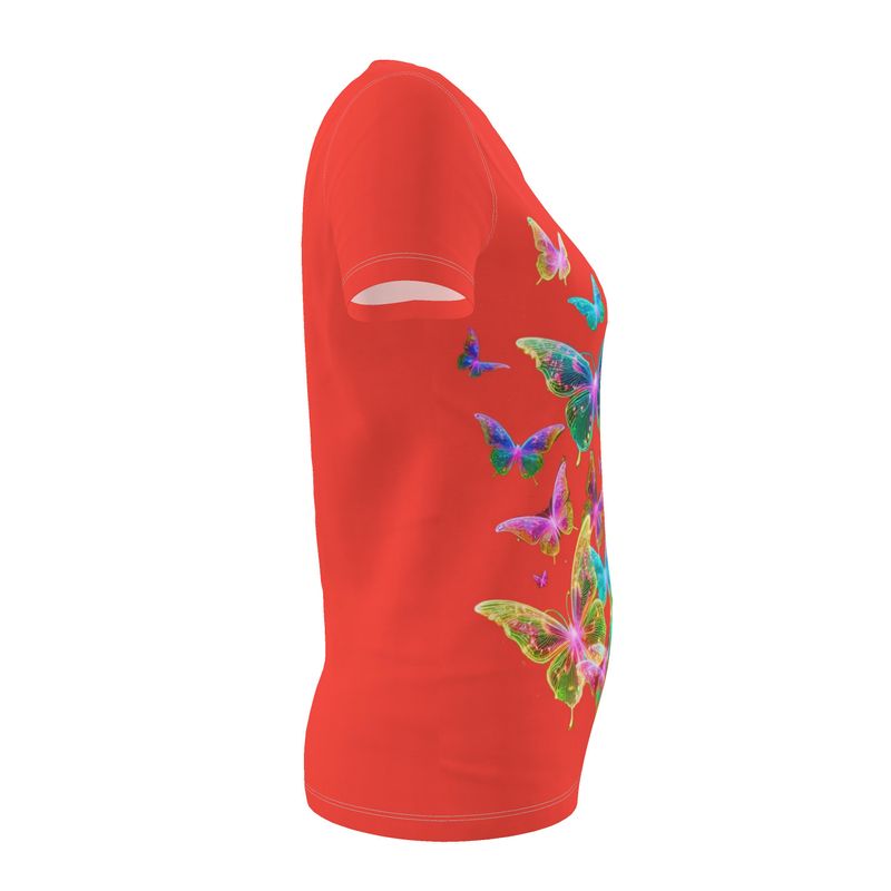 NRG Red Butterfly Explosion 2: Womens T-Shirt with White Stitch