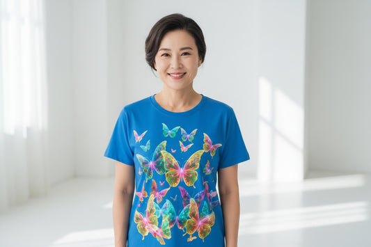 NRG Blue Butterfly Explosion 2: Womens T-Shirt with White Stitch