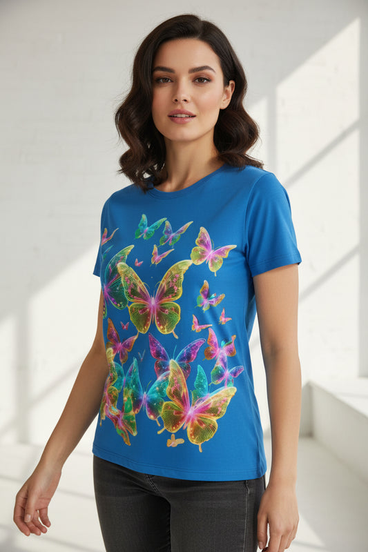 NRG Blue Butterfly Explosion 2: Womens T-Shirt with Plain Stitch