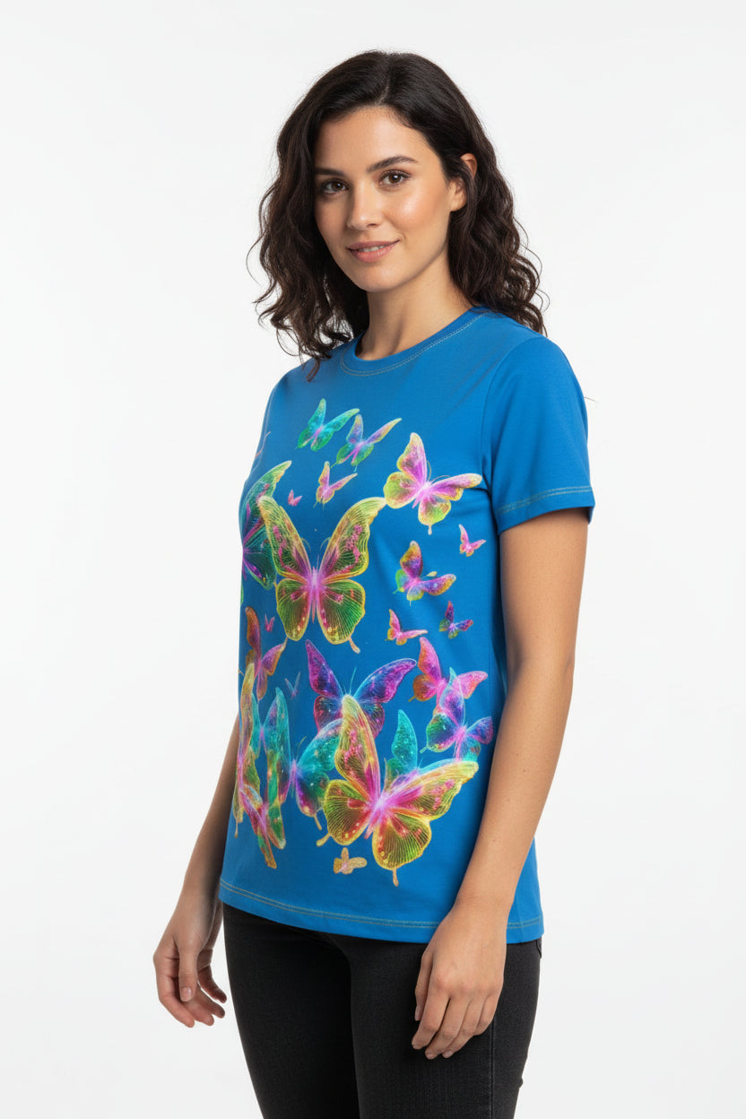 NRG Blue Butterfly Explosion 2: Womens T-Shirt with Yellow Stitch