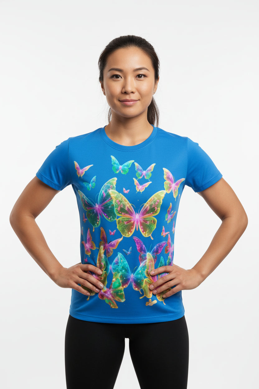 NRG Blue Butterfly Explosion 2: Womens T-Shirt with Red Stitch