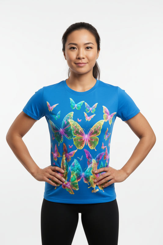 NRG Blue Butterfly Explosion 2: Womens T-Shirt with Red Stitch