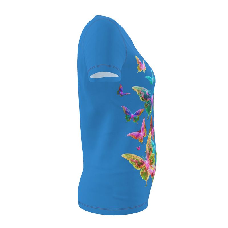 NRG Blue Butterfly Explosion 2: Womens T-Shirt with Red Stitch