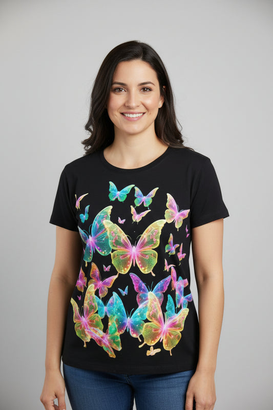 NRG Black Butterfly Explosion 2: Womens T-Shirt with Plain Stitch