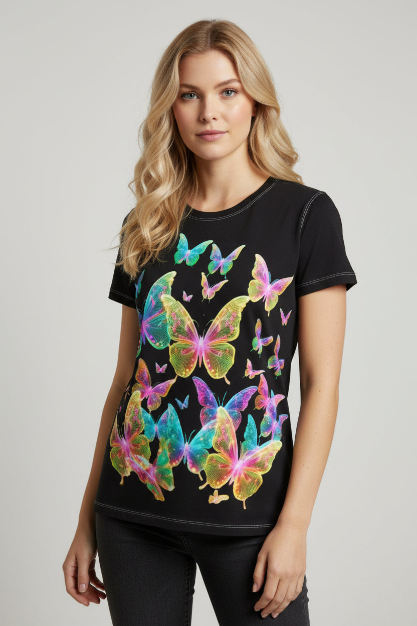 NRG Black Butterfly Explosion 2: Womens T-Shirt with White Stitch