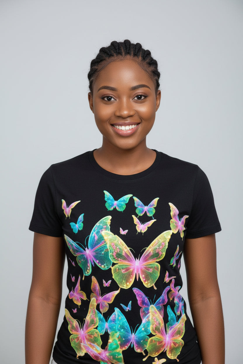 NRG Black Butterfly Explosion 2: Womens T-Shirt with Red Stitch