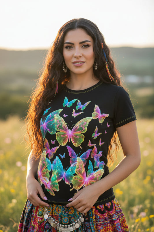 NRG Black Butterfly Explosion 2: Womens T-Shirt with Yellow Stitch