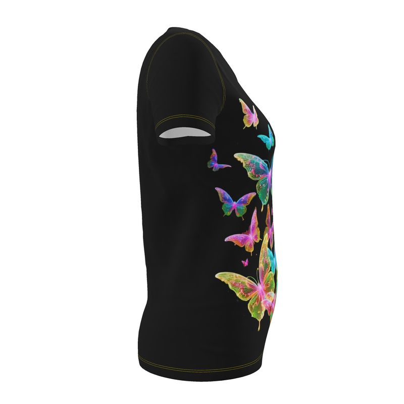 NRG Black Butterfly Explosion 2: Womens T-Shirt with Yellow Stitch