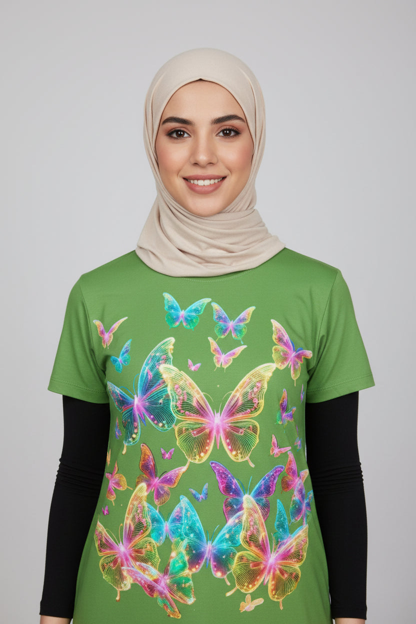 NRG Green Butterfly Explosion 2: Womens T-Shirt  with Yellow Stitch