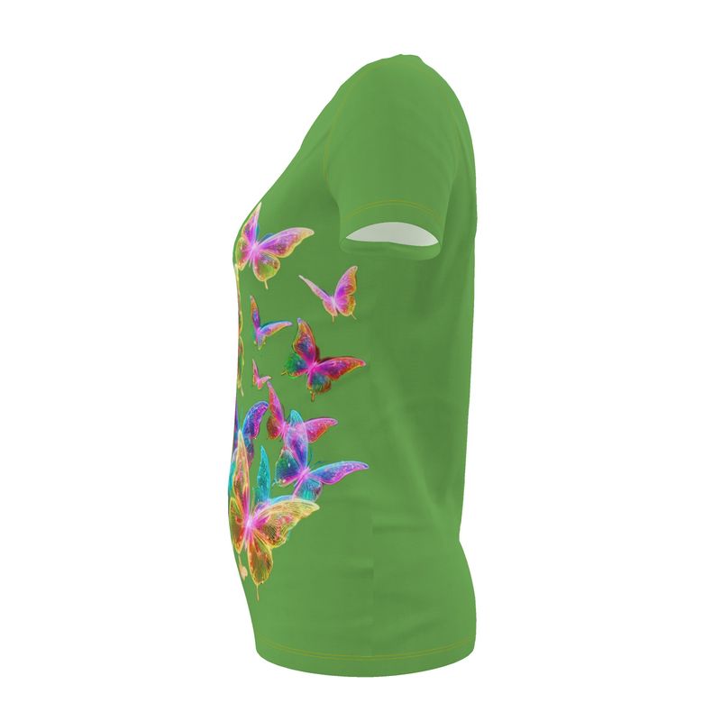 NRG Green Butterfly Explosion 2: Womens T-Shirt  with Yellow Stitch