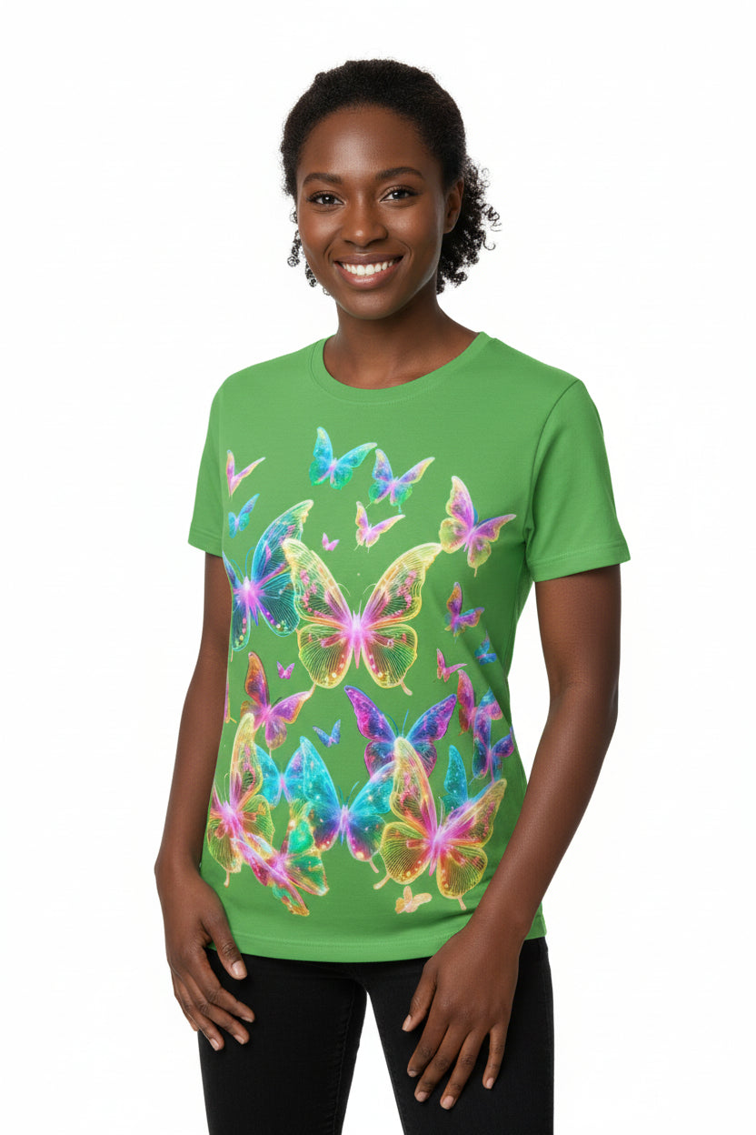 NRG Green Butterfly Explosion 2: Womens T-Shirt with Blue Stitch