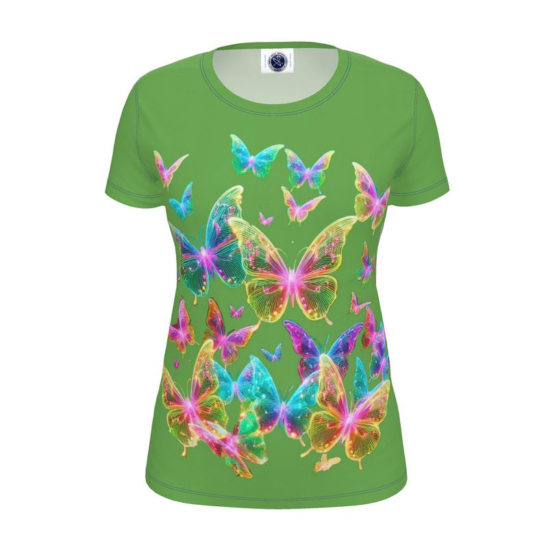 NRG Green Butterfly Explosion 2: Womens T-Shirt with Blue Stitch
