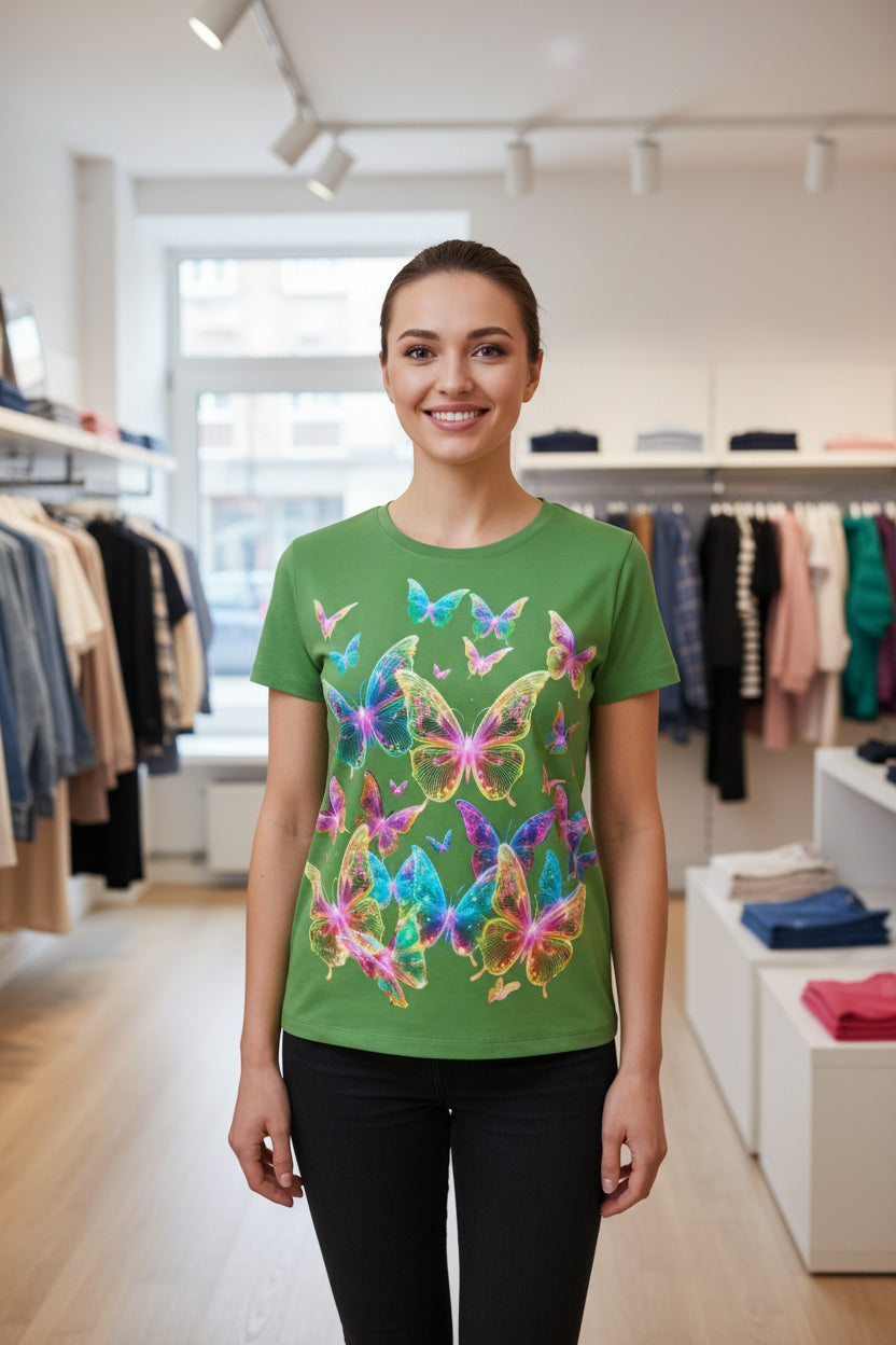 NRG Green Butterfly Explosion 2: Womens T-Shirt with Plain Stitch