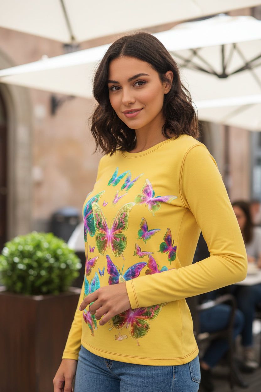 NRG Yellow Butterfly Explosion 2: Womens Long Sleeve with Red Stitch