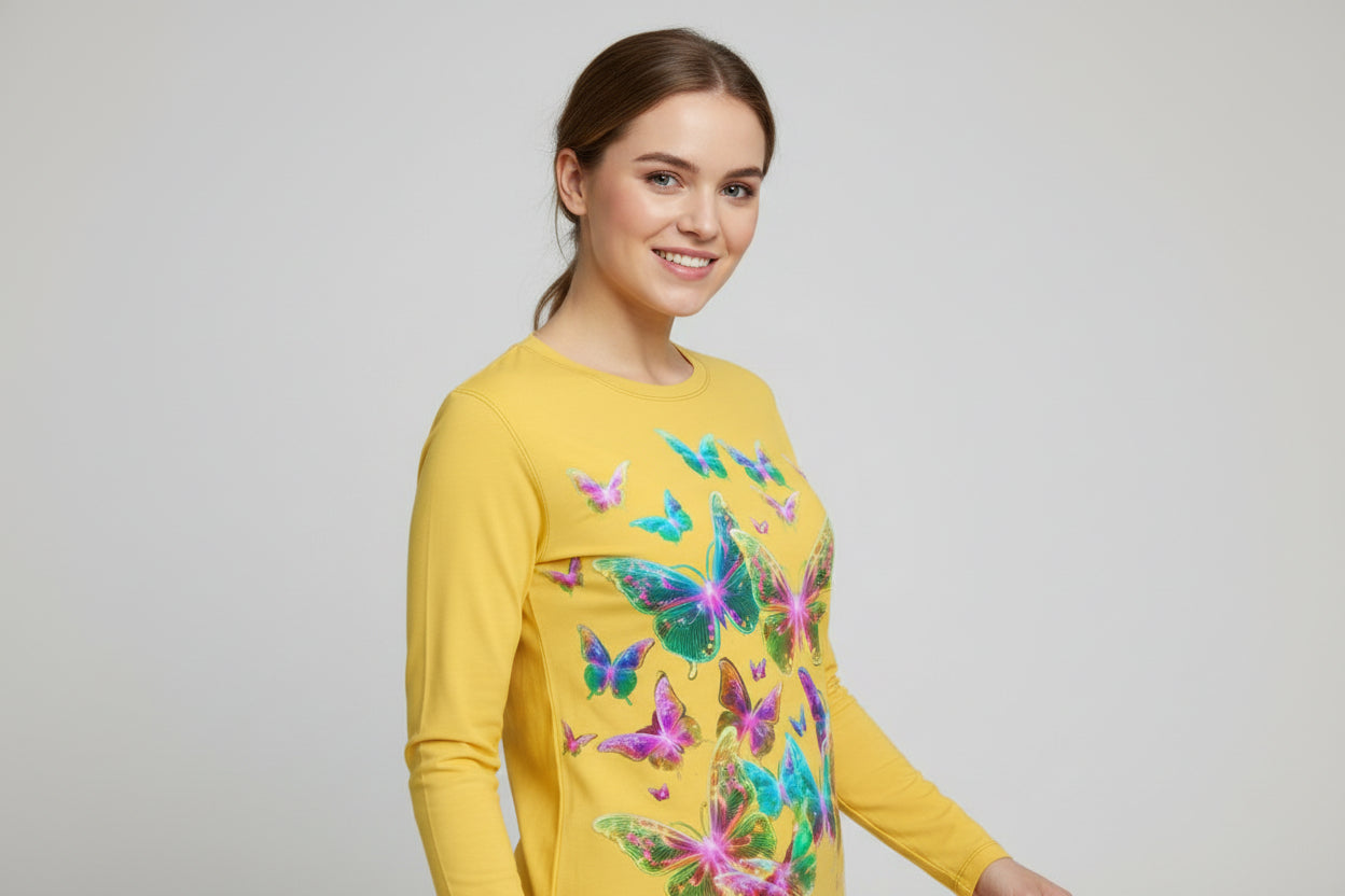 NRG Yellow Butterfly Explosion 2: Womens Long Sleeve with Plain Stitch