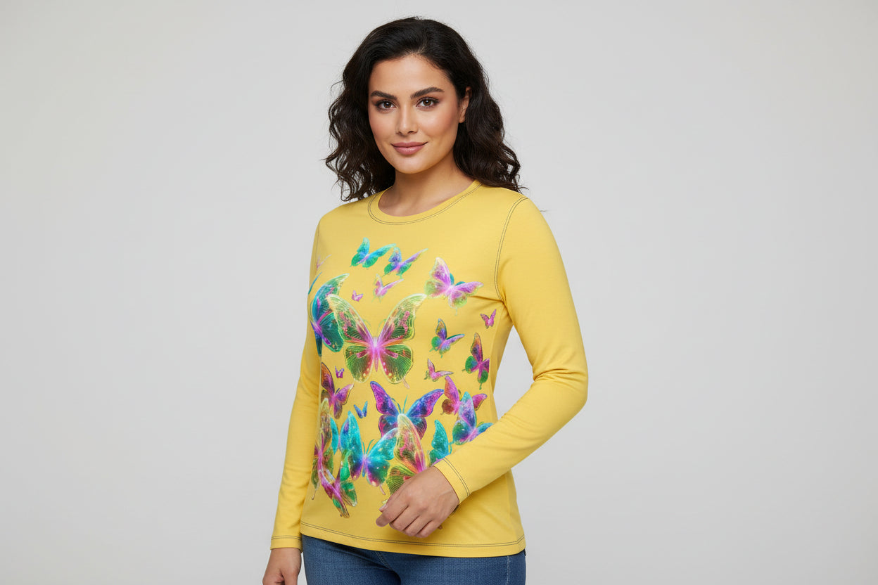 NRG Yellow Butterfly Explosion 2: Womens Long Sleeve with Blue Stitch