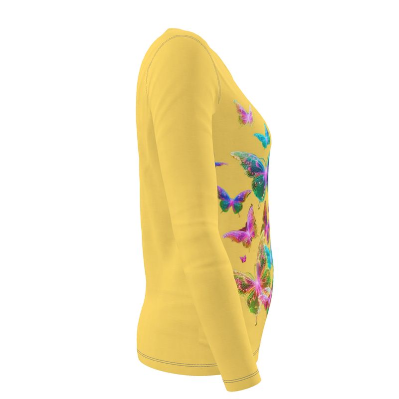 NRG Yellow Butterfly Explosion 2: Womens Long Sleeve with Blue Stitch