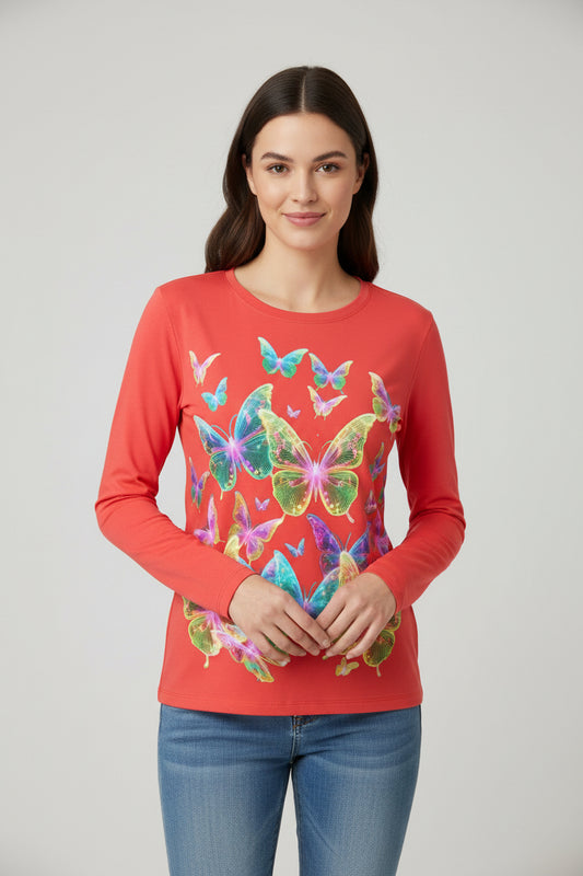 NRG Red Butterfly Explosion 2: Womens Long Sleeve with Plain Stitch
