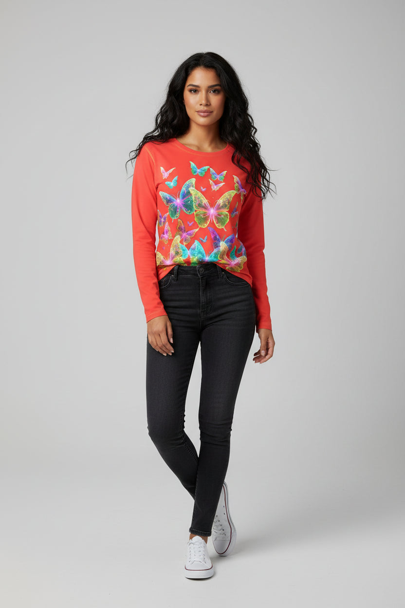 NRG Red Butterfly Explosion 2: Womens Long Sleeve with Yellow Stitch