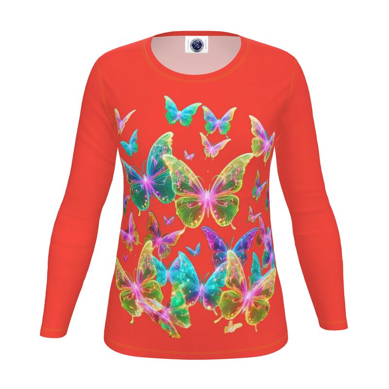 NRG Red Butterfly Explosion 2: Womens Long Sleeve with Yellow Stitch
