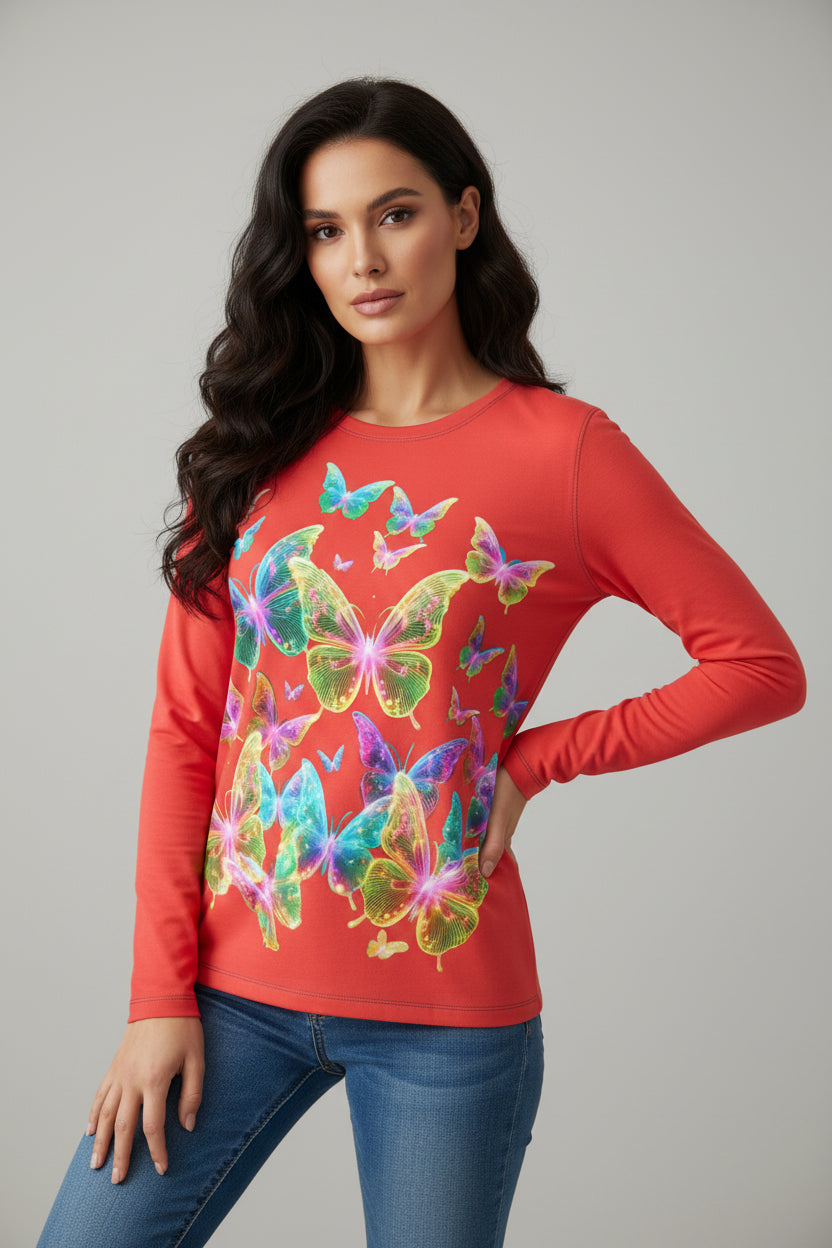 NRG Red Butterfly Explosion 2: Womens Long Sleeve with Blue Stitch