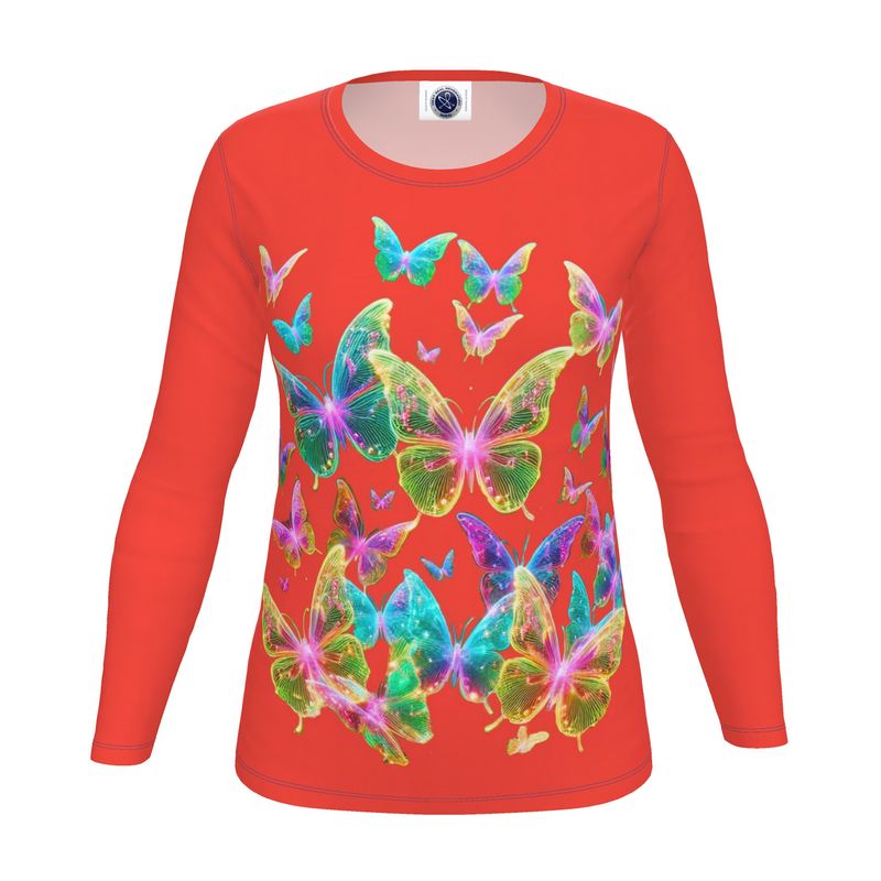 NRG Red Butterfly Explosion 2: Womens Long Sleeve with Blue Stitch