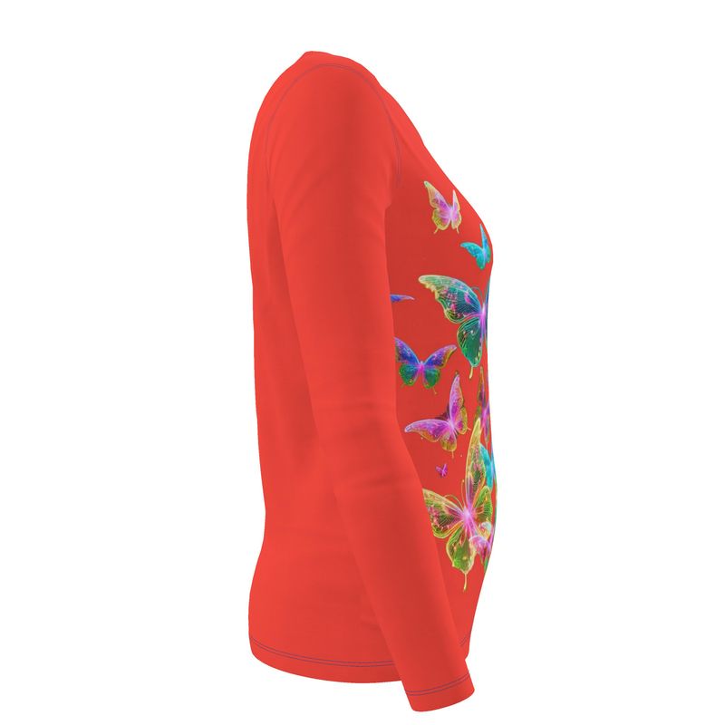 NRG Red Butterfly Explosion 2: Womens Long Sleeve with Blue Stitch