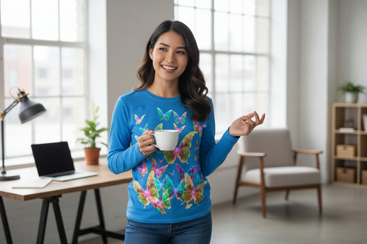 NRG Blue Butterfly Explosion 2: Womens Long Sleeve with White Stitch