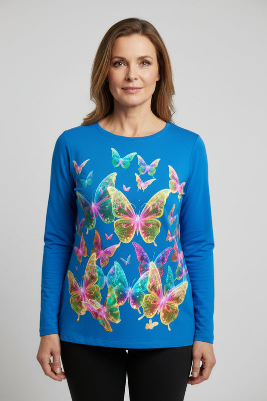 NRG Blue Butterfly Explosion 2: Womens Long Sleeve with Yellow Stitch