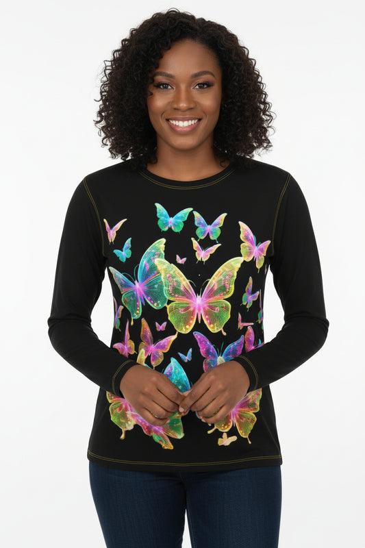 NRG Black Butterfly Explosion 2: Womens Long Sleeve with Yellow Stitch