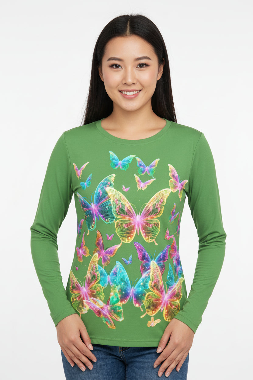 NRG Green Butterfly Explosion 2: Womens Long Sleeve with Yellow Stitch