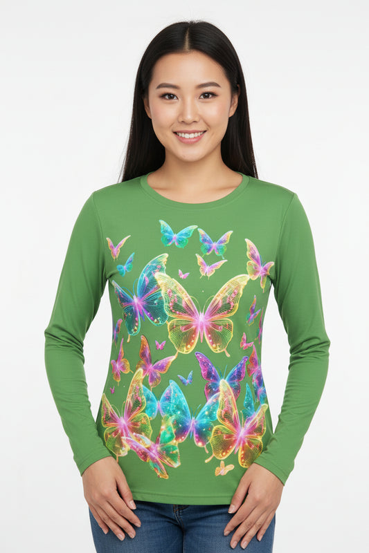 NRG Green Butterfly Explosion 2: Womens Long Sleeve with Yellow Stitch