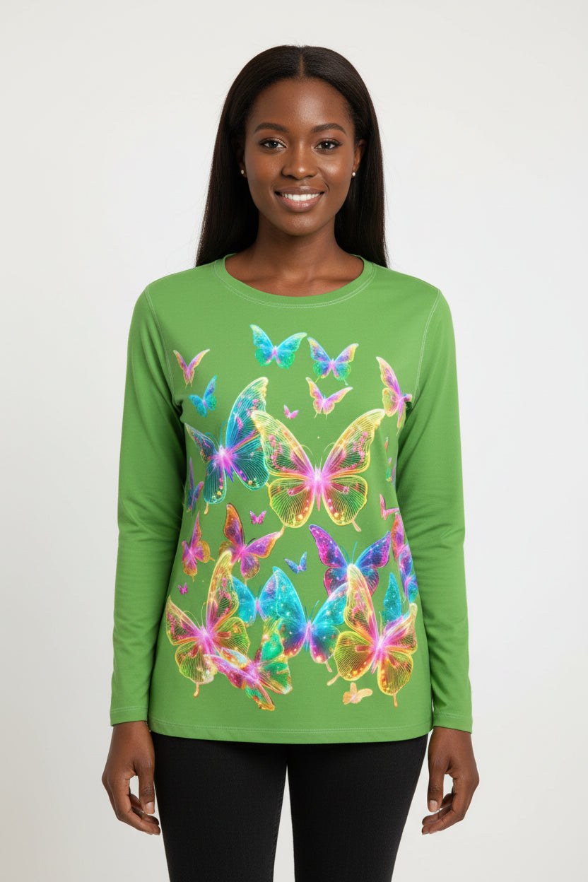 NRG Green Butterfly Explosion 2: Womens Long Sleeve with White Stitch