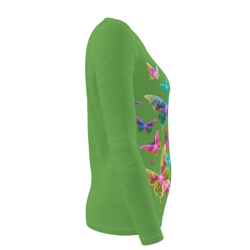 NRG Green Butterfly Explosion 2: Womens Long Sleeve with White Stitch