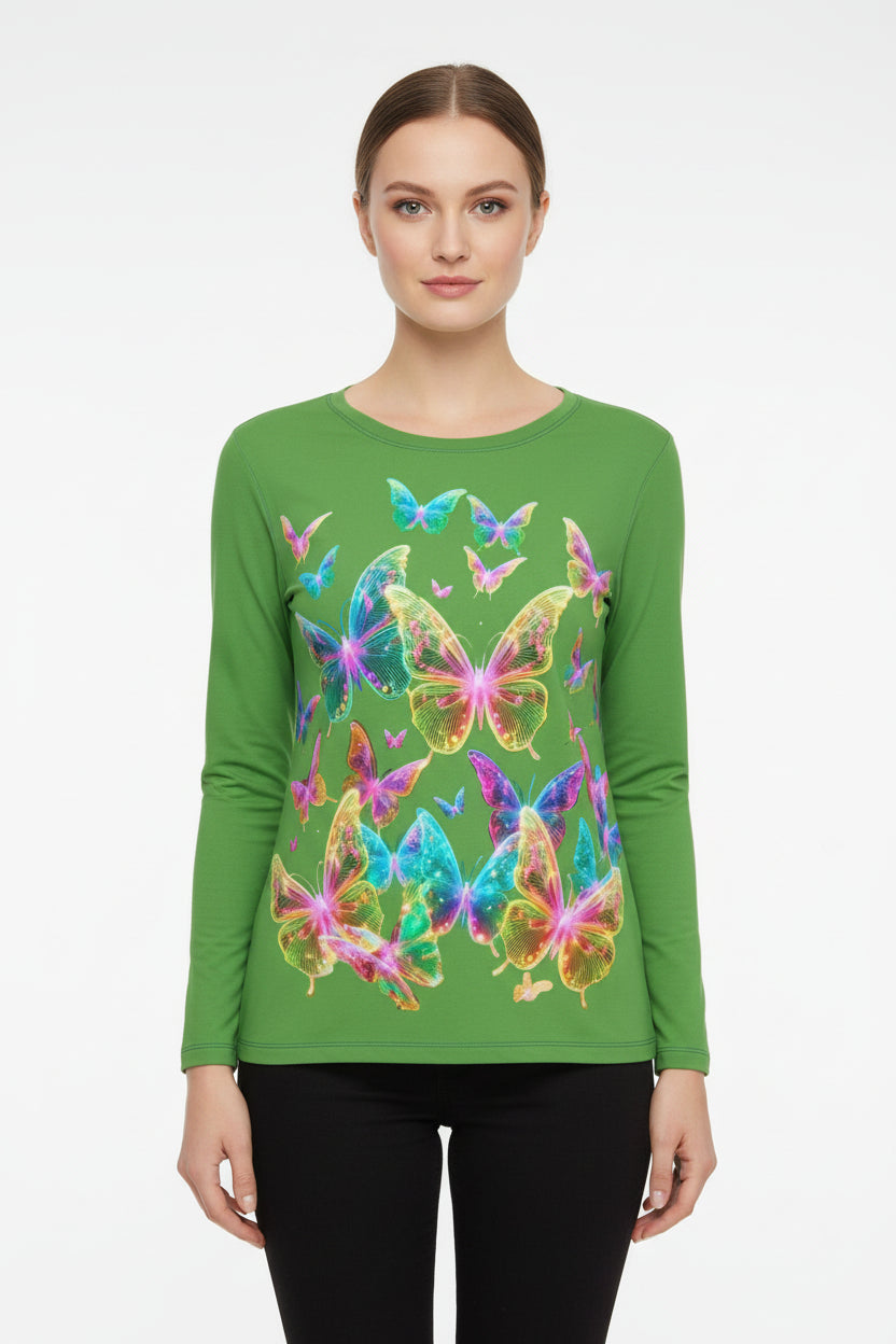 NRG Green Butterfly Explosion 2: Womens Long Sleeve with Blue Stitch