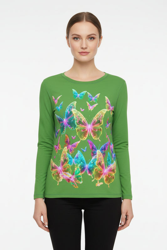 NRG Green Butterfly Explosion 2: Womens Long Sleeve with Blue Stitch